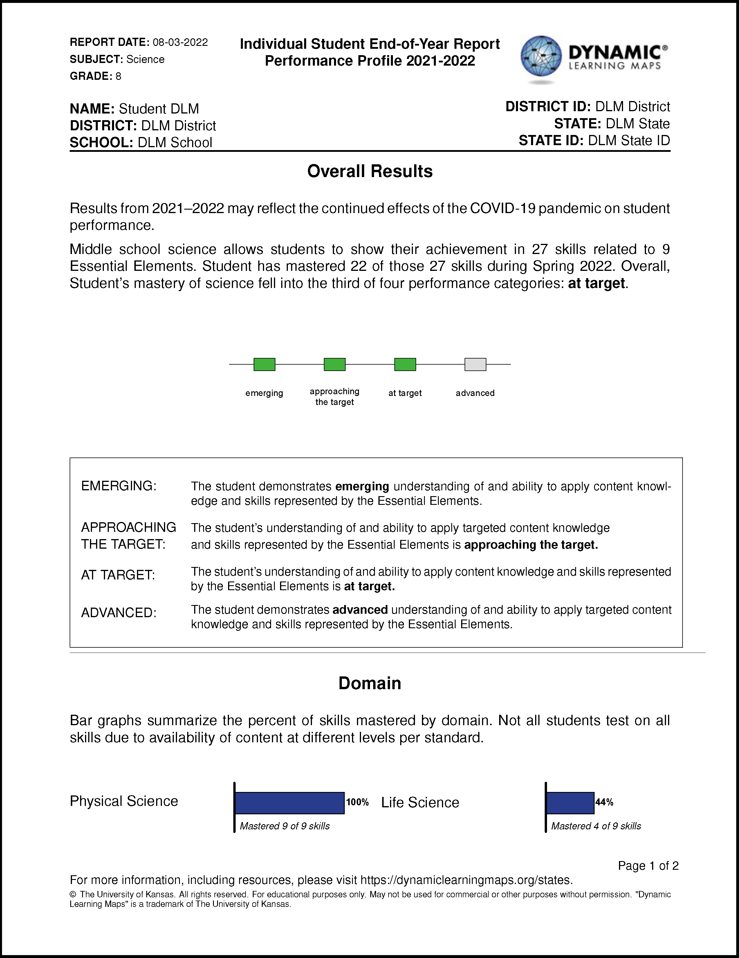 First page of a Science performance profile for a de-identified grade 8 student who mastered 22 skills. The performance profile displays the number of skills mastered per domain. The sample report also features cautionary text that states that results may reflect the continued effects of the COVID-19 pandemic on student performance.